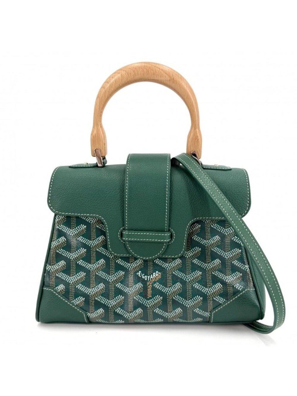 Goyard 2-Way Saigon Mini Shoulder Bag Crossbody Herringbone Leather Green Silver